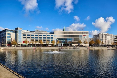 Boat harbor, water area, lake, general architecture, modern buildings, gym, John Reed Fitness,