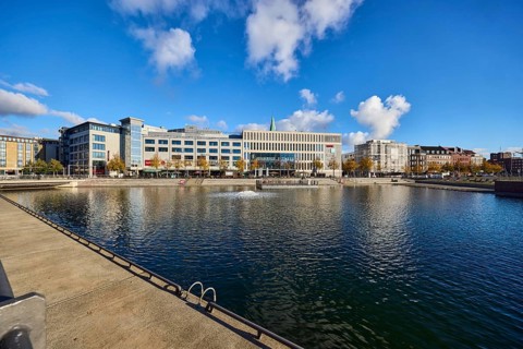 Boat harbor, water area, lake, general architecture, modern buildings, gym, John Reed Fitness,