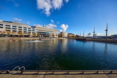 Boat harbor, triangular water area, general architecture, modern buildings, gym, John Reed Fitness,