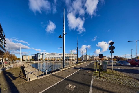 Boat harbor, triangular water area, lantern, general architecture, modern buildings, sidewalk,