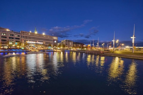 Boat harbor, triangular water area, general architecture, modern buildings, lantern, gym, John Reed
