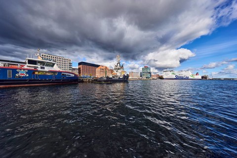 Kiel Fjord, port, pier, passenger ship, port and sea tug, ferry ship, general architecture, brick