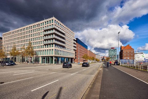 General architecture, brick building, modern building, street, sidewalk, cycle path, lantern,