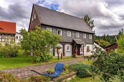 Typical half-timbered building near Jonsdorf, Zittau Mountains, Upper Lusatia, Saxony, Germany