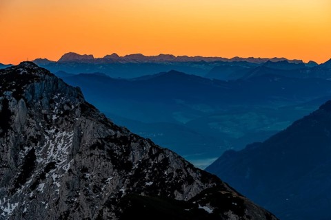 Dawn in the mountains, view of silhouette of mountain ranges, in front Hochstaufen, Zwiesel, Bad