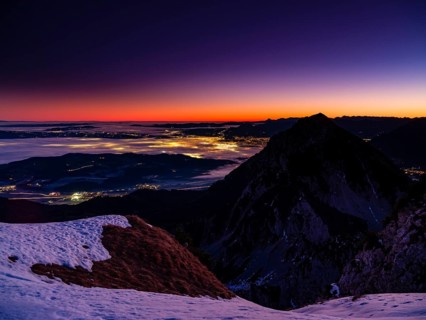 Dawn in the mountains, view of Salzburg with fog, Hochstaufen, Zwiesel, Bad Reichenhall,