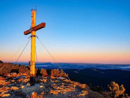 Sunrise at Zwiesel summit cross, Bad Reichenhall, Berchtesgadener Land, Upper Bavaria, Bavaria,