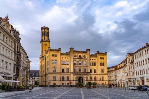 The town hall on the market square of Zittau, Upper Lusatia, Saxony, Germany