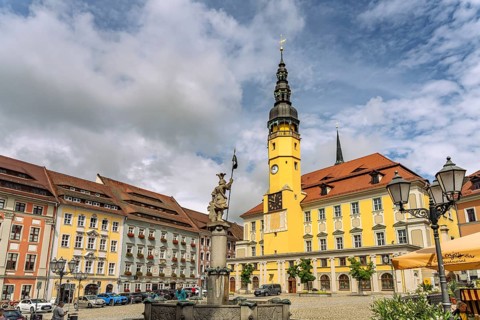 Ritter-Dutschmann-Brunnen and Town Hall on the main market in Bautzen, Upper Lusatia, Saxony,