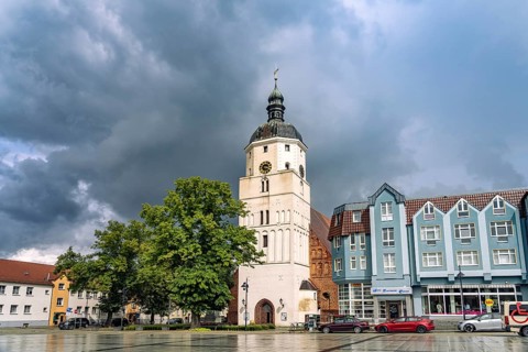Market square and Paul-Gerhardt church in Lübben in the Spreewald, Brandenburg, Germany