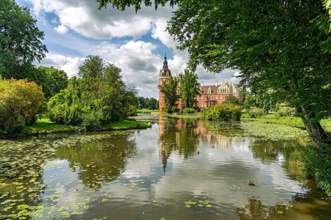 Muskau Castle in the Muskauer Park UNESCO World Heritage Site or Muzakowski Park in Bad Muskau,