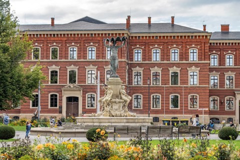 The Muschelminna fountain or Toberentzbrunnen at Postplatz in Görlitz, Upper Lusatia, Saxony,