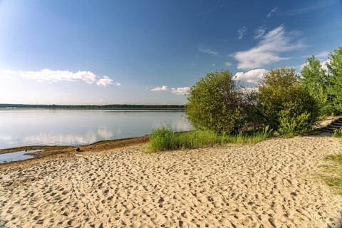 Beach at Spremberger Talsperre, Spremberg, Lower Lusatia, Brandenburg, Germany