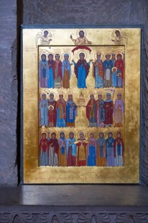 Orthodox icon on gold background depicting saints in solemn style, Svetitskhoveli Cathedral,