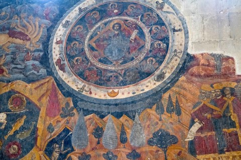Elaborate fresco with religious theme, circular design and medieval style, Svetitskhoveli