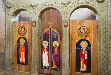 Decorated church doors with icons and ornate wood carvings, Svetitskhoveli Cathedral,