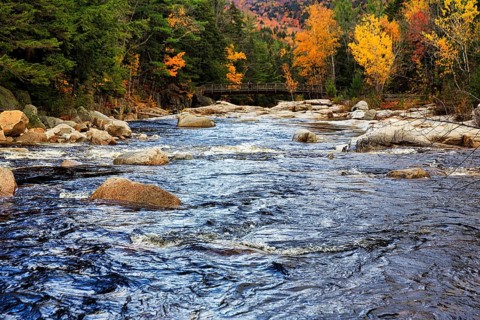 Rapids, Rocky Gorge, Swift River, picturesque riverscape near Albany, autumn leaves, Indian Summer,