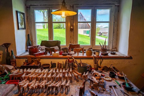 Wooden toys and tools in the historic workshop of a toy maker, Seiffen open-air museum, Ore