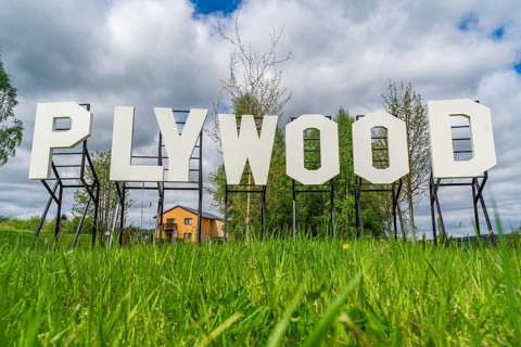 Sculpture, art installation Plywood in the form of Hollywood lettering by artist Jay Gard, Purple