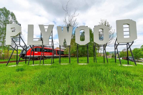 Sculpture, plywood art installation in the form of Hollywood lettering by artist Jay Gard, in the