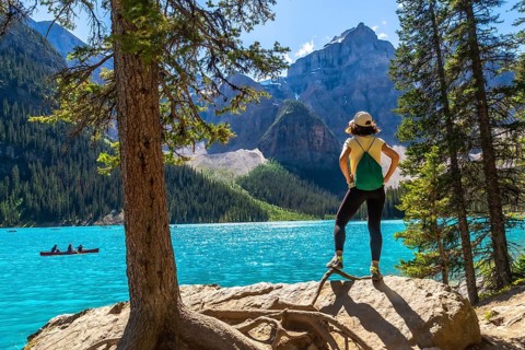 Female tourist standing on a rock by a tree, admiring the turquoise waters of moraine lake with