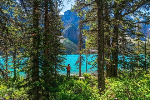 Tourist with a backpack enjoying the breathtaking view of turquoise moraine lake, surrounded by