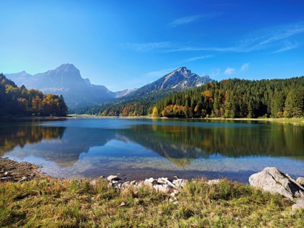 Autumn-colored forest is reflected in Obersee, Näfels, Canton of Glarus, Switzerland