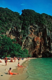People bathing and sunbathing on Pranang Cave beach, two years in front of the tsunami, Krabi,