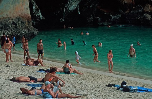 People bathing and sunbathing on Pranang Cave beach, two years in front of the tsunami, Krabi,