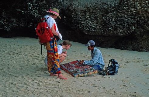 Jewelry sellers and customers on Pranang Cave beach, two years in front of the tsunami, Krabi,