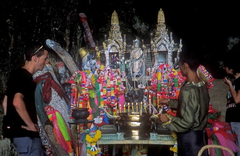Shrine with wooden phalls on Pranang Cave beach, two years in front of the tsunami, Krabi,