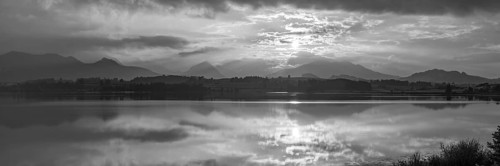 Sunset panorama, Hopfensee, Hopfen am See, near Füssen, Ostallgäu, Allgäu, Bavaria, Germany