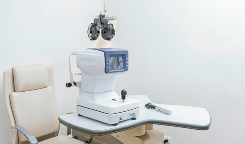 Autorefractometer or visual test machine in laboratory. Visual health, diagnostic equipment.