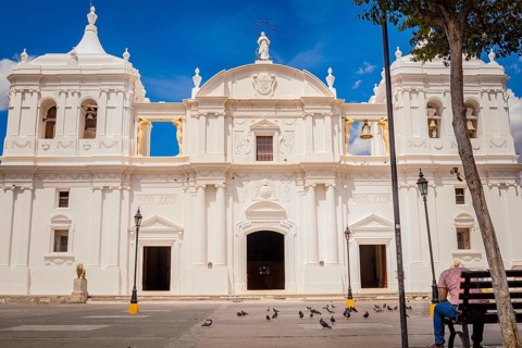 Colonial cathedral, Leon Nicaragua cathedral, view of a cathedral with blue sky. Leon, Nicaragua,