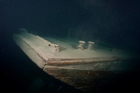 Ledi wreck, wreck of a Ledi ship, cargo ship for mass freight, bulk cargo taken at night in Lake