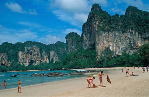 People, longtail boats, beach, Railay West, two years in front of the tsunami, Krabi, Thailand,