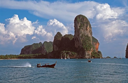 Longtail boats, rocks in the sea, Railay East, two years in front of the tsunami, Krabi, Thailand,