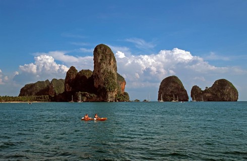 Kayak, rocks in the sea, Railay East, two years in front of the tsunami, Krabi, Thailand, December
