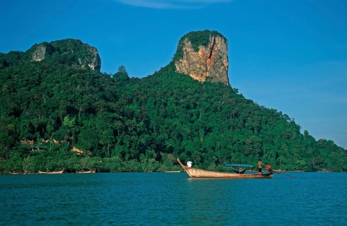 Mountains, sea, longtail boat, two years in front of the tsunami, Railay East, Krabi, Thailand,