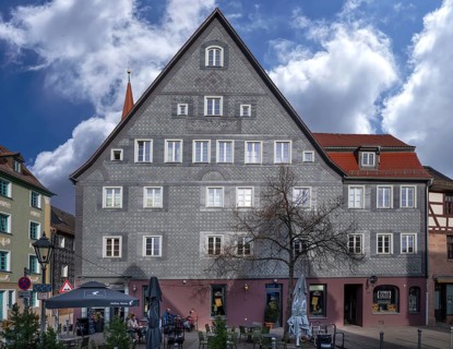 Historic slate façade of a residential building from 1665, Gustavstraße 48 and 50, Fürth, Middle