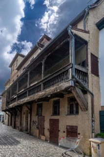 Historic residential building with wooden balcony, Old Town, Fürth, Middle Franconia, Bavaria,