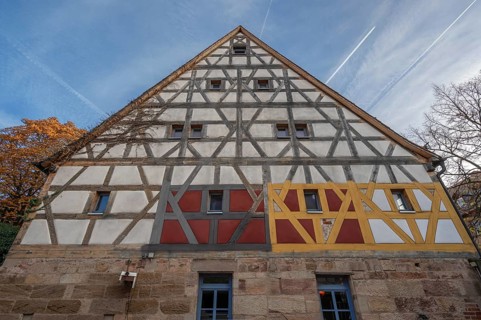 Color test on the façade in front of the renovation of a historic half-timbered house, Fürth,
