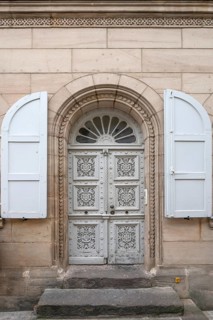 Decorative front door of a residential building, built around 1880, Fürth, . Middle Franconia,