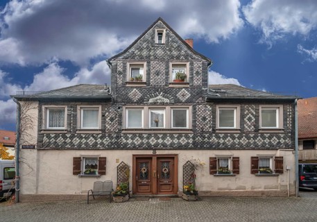 Historic old town house with slate façade around 1880, Schrödershof 1Fürth, Middle Franconia,