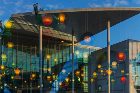 Artistic lamp installation with window reflection of the Marie-Elisabeth-Lüders House, art,