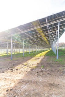 Underside of solar modules with sunlight, Energiewende, construction of PV open space,