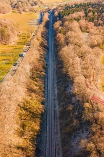 A railway line stretches through a dense forest landscape in winter, construction of the Hermann