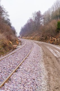 Railway tracks wind their way through a wooded, quiet landscape under cloudy skies, built by the