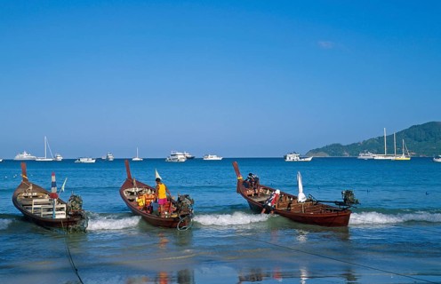 Longtail boats and yachts on Patong Beach, Ko Phuket, two years in front of the tsunami, Thailand,
