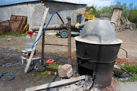 Handmade distillation plant with metal container, liquor production, Sameba, Kvemo Kartli region,